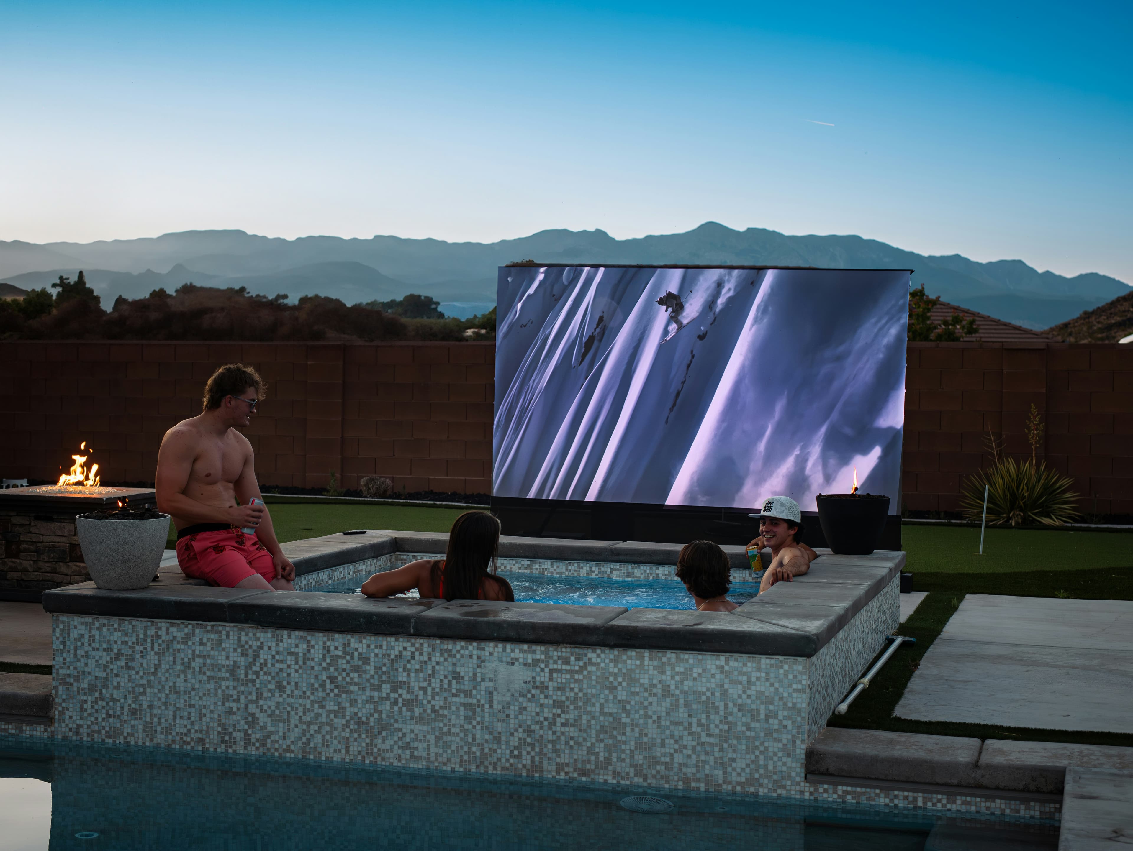 Outdoor recreation with hot tub and projection screen